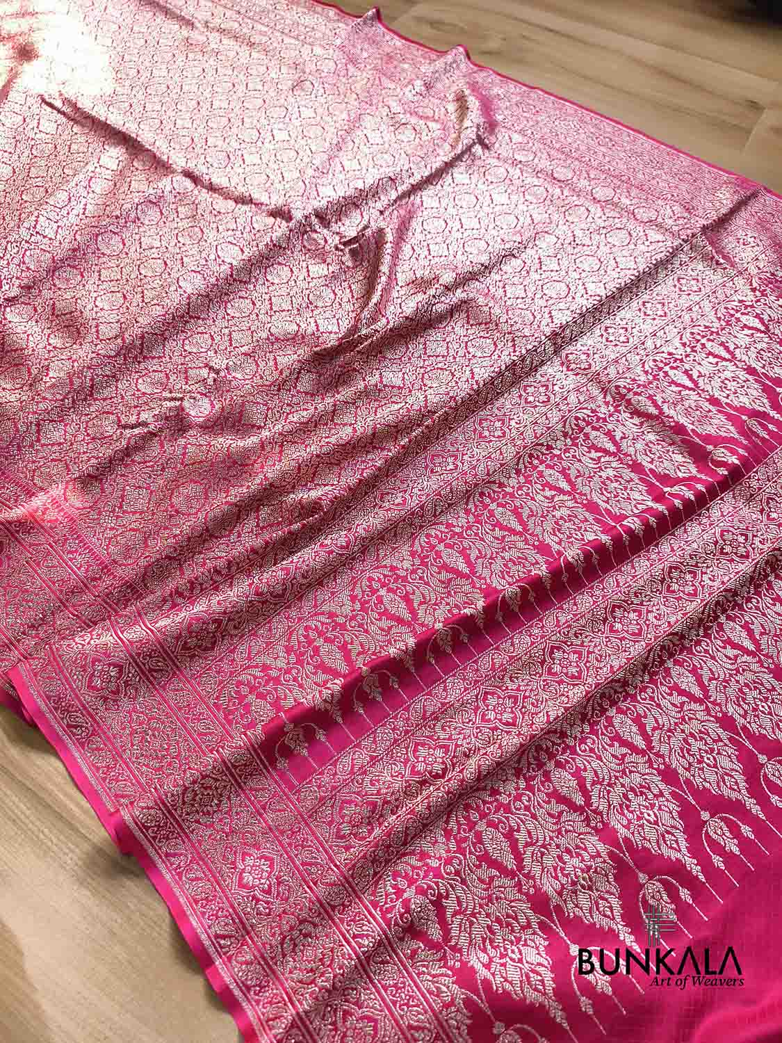 Magenta Pink Brocade Weaved Banarasi Mashru Silk Saree