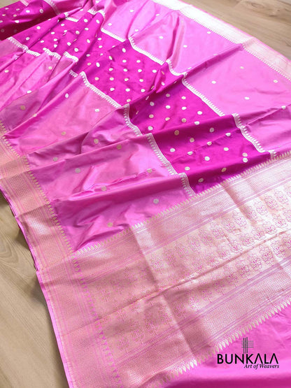 Dual Tone Baby & Magenta Pink Polka Dots Kadwa Handweaved Banarasi Pure Katan Silk Saree BKBS-061026