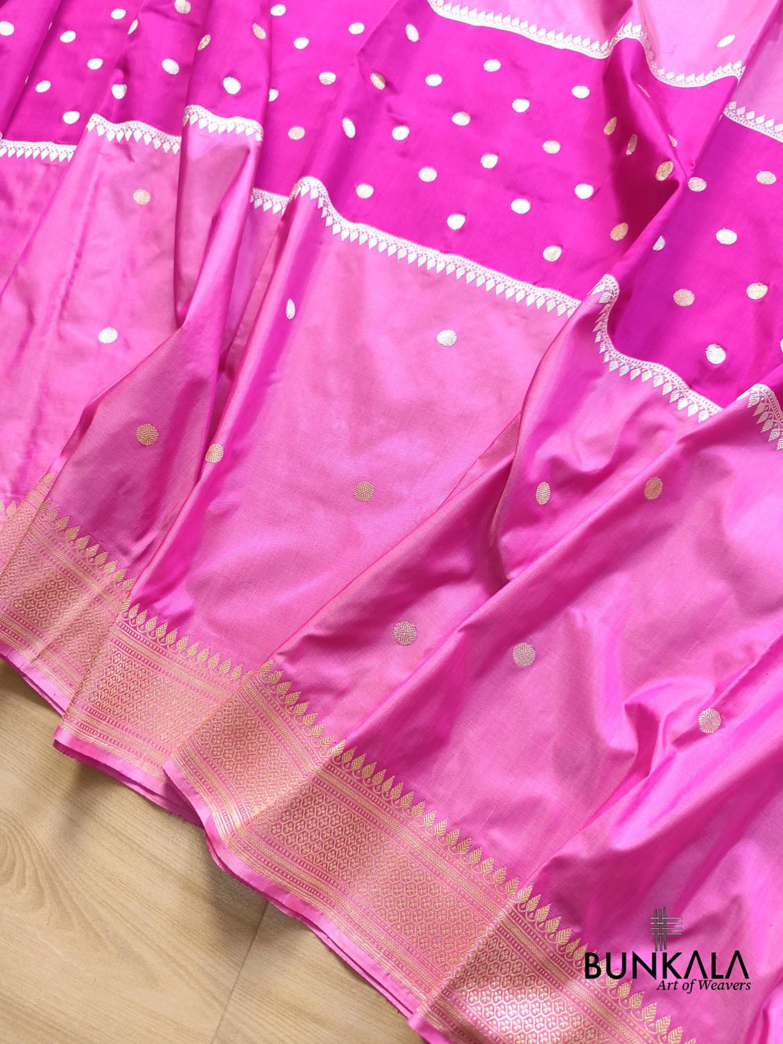 Dual Tone Baby & Magenta Pink Polka Dots Kadwa Handweaved Banarasi Pure Katan Silk Saree BKBS-061026