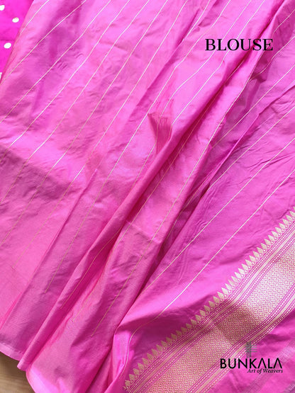 Dual Tone Baby & Magenta Pink Polka Dots Kadwa Handweaved Banarasi Pure Katan Silk Saree BKBS-061026