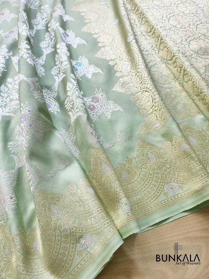 English Green Handweaved Kadwa Jaal Jangla Meenakari Banarasi Pure Katan Silk Saree