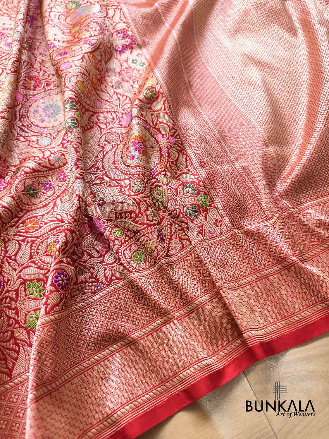 Kimkhwab Bridal Red Multi Meena Kadwa Handweaved Brocade Banarasi Pure Katan Silk Saree