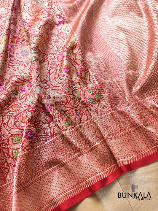 Kimkhwab Bridal Red Multi Meena Kadwa Handweaved Brocade Banarasi Pure Katan Silk Saree
