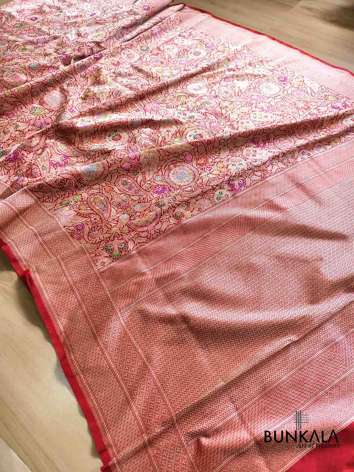 Kimkhwab Bridal Red Multi Meena Kadwa Handweaved Brocade Banarasi Pure Katan Silk Saree