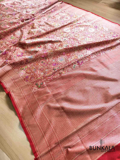 Kimkhwab Bridal Red Multi Meena Kadwa Handweaved Brocade Banarasi Pure Katan Silk Saree