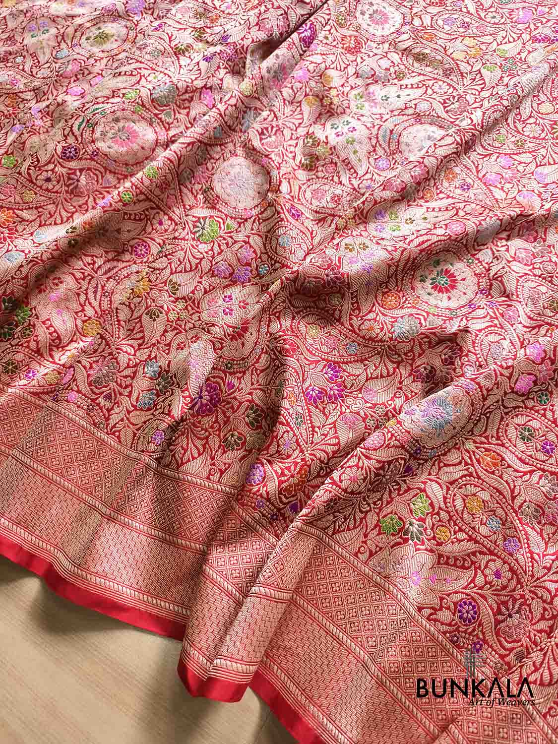 Kimkhwab Bridal Red Multi Meena Kadwa Handweaved Brocade Banarasi Pure Katan Silk Saree