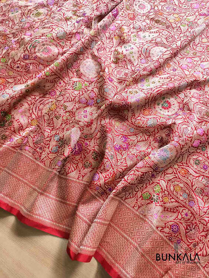 Kimkhwab Bridal Red Multi Meena Kadwa Handweaved Brocade Banarasi Pure Katan Silk Saree
