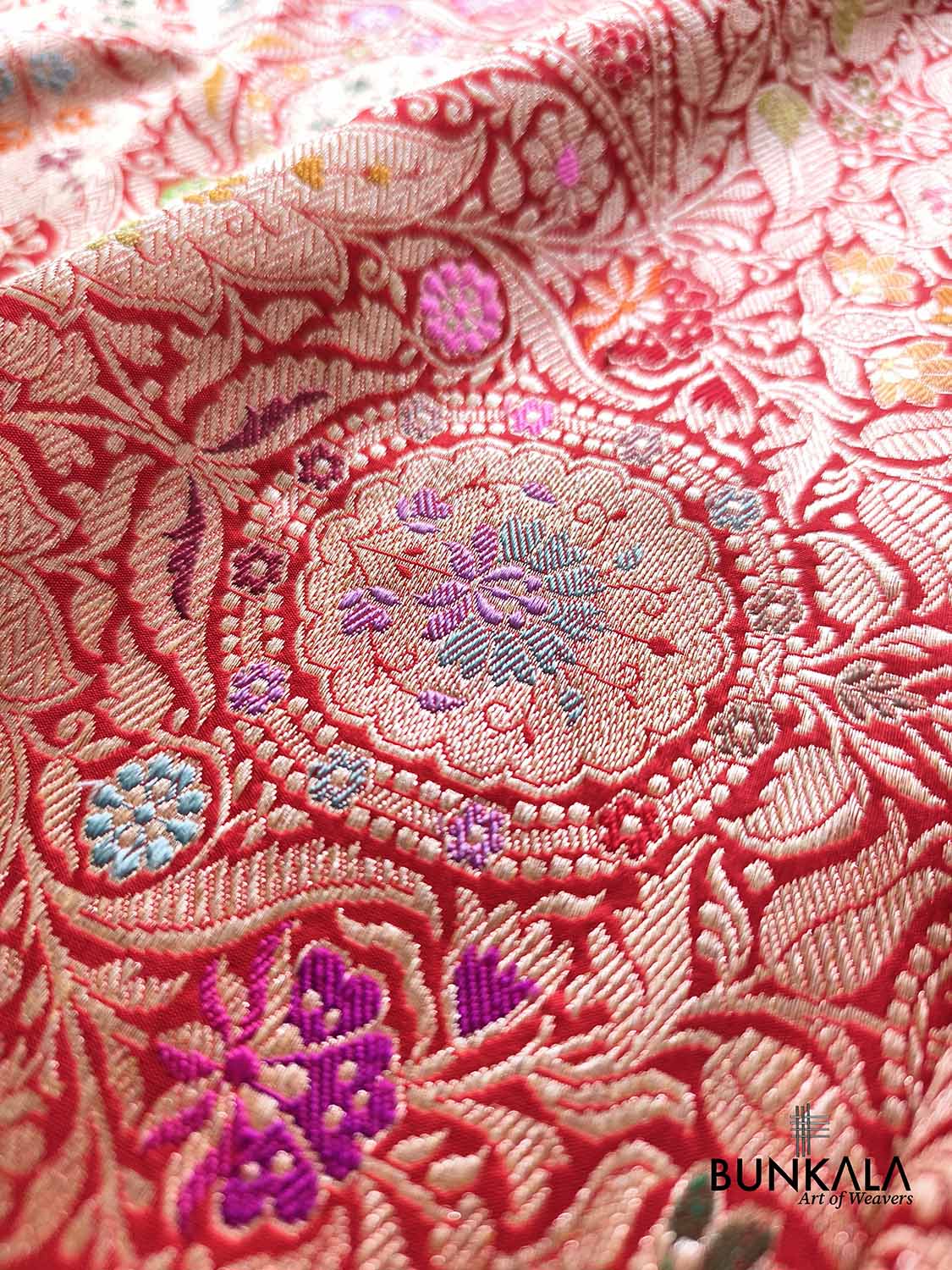 Kimkhwab Bridal Red Multi Meena Kadwa Handweaved Brocade Banarasi Pure Katan Silk Saree