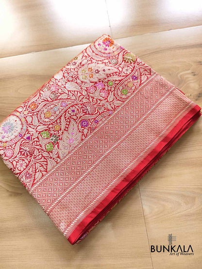 Kimkhwab Bridal Red Multi Meena Kadwa Handweaved Brocade Banarasi Pure Katan Silk Saree