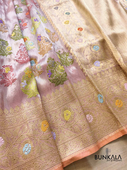 Unique Pastel Peach Multi Floral Buta Handweaved Kadwa Banarasi Pure Tissue Silk Saree
