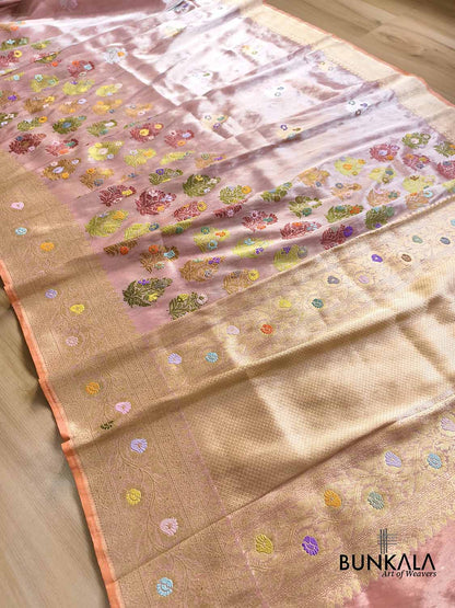 Unique Pastel Peach Multi Floral Buta Handweaved Kadwa Banarasi Pure Tissue Silk Saree