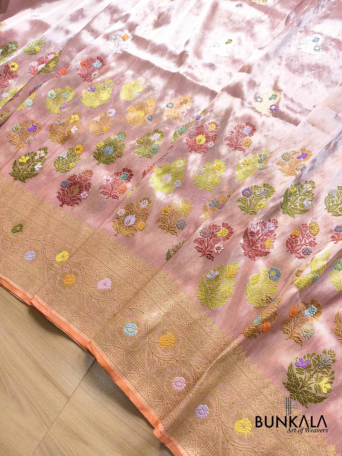 Unique Pastel Peach Multi Floral Buta Handweaved Kadwa Banarasi Pure Tissue Silk Saree