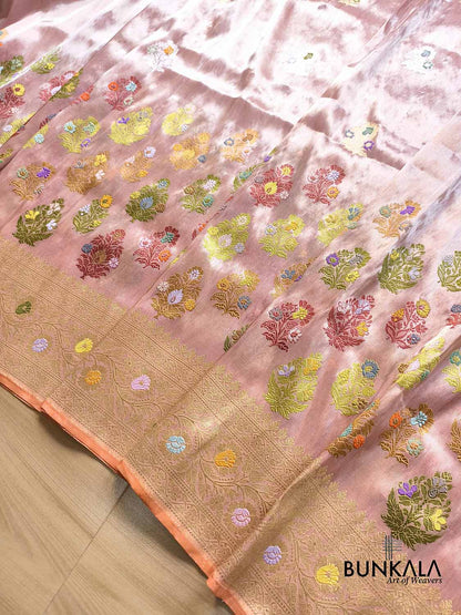 Unique Pastel Peach Multi Floral Buta Handweaved Kadwa Banarasi Pure Tissue Silk Saree