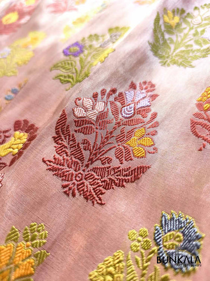 Unique Pastel Peach Multi Floral Buta Handweaved Kadwa Banarasi Pure Tissue Silk Saree