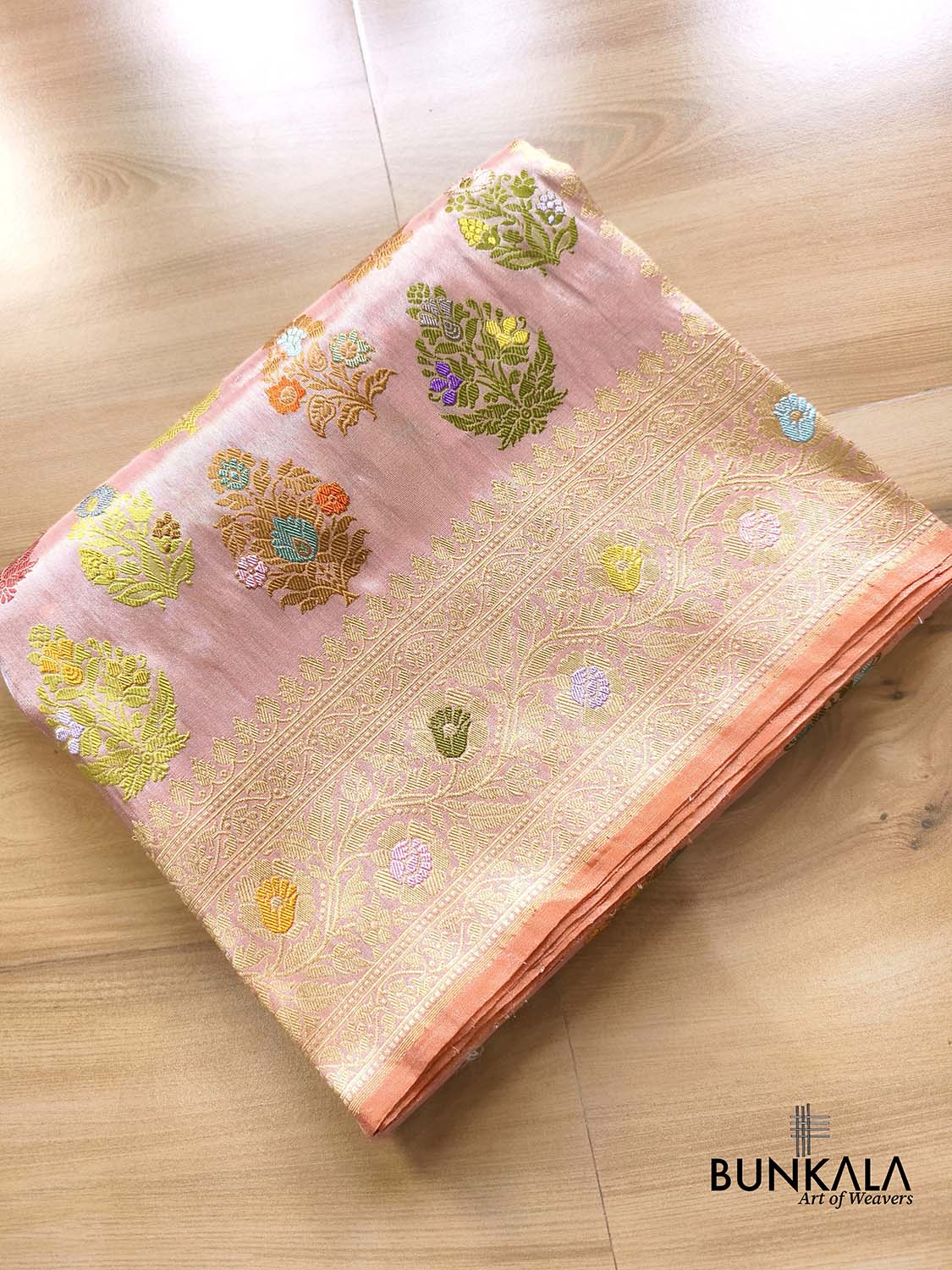 Unique Pastel Peach Multi Floral Buta Handweaved Kadwa Banarasi Pure Tissue Silk Saree