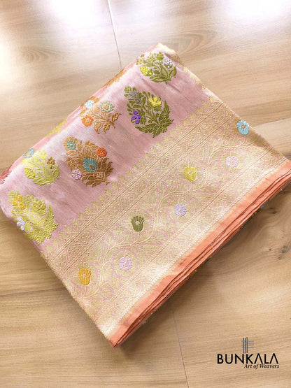 Unique Pastel Peach Multi Floral Buta Handweaved Kadwa Banarasi Pure Tissue Silk Saree