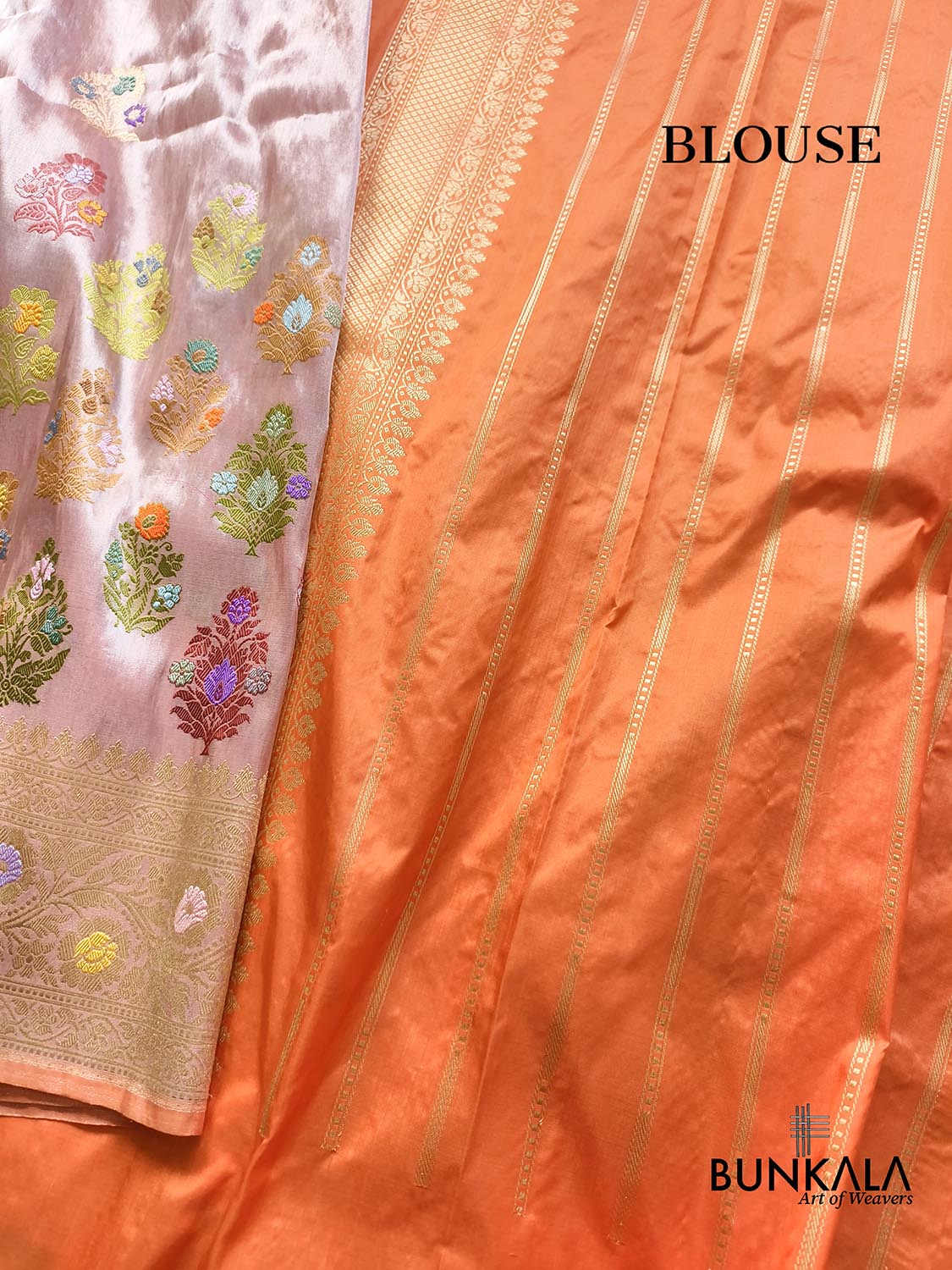 Unique Pastel Peach Multi Floral Buta Handweaved Kadwa Banarasi Pure Tissue Silk Saree