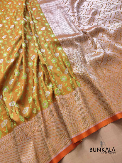 Green Orange Double Shaded Soft Mashru Silk Jamewar Weaved Floral Jaal Design Banarasi Saree