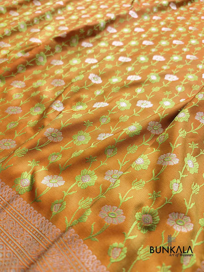 Green Orange Double Shaded Soft Mashru Silk Jamewar Weaved Floral Jaal Design Banarasi Saree