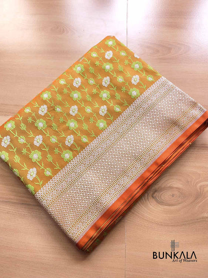 Green Orange Double Shaded Soft Mashru Silk Jamewar Weaved Floral Jaal Design Banarasi Saree