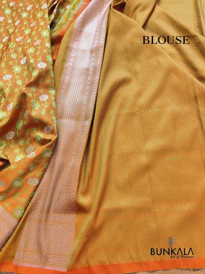 Green Orange Double Shaded Soft Mashru Silk Jamewar Weaved Floral Jaal Design Banarasi Saree