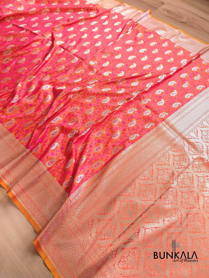 Pink Orange Double Shaded Soft Mashru Silk Jamewar Weaved Allover Paisley Buti Design Banarasi Saree