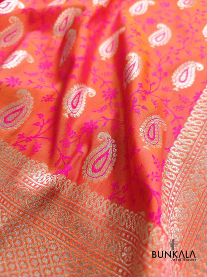 Pink Orange Double Shaded Soft Mashru Silk Jamewar Weaved Allover Paisley Buti Design Banarasi Saree