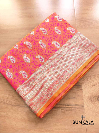 Pink Orange Double Shaded Soft Mashru Silk Jamewar Weaved Allover Paisley Buti Design Banarasi Saree