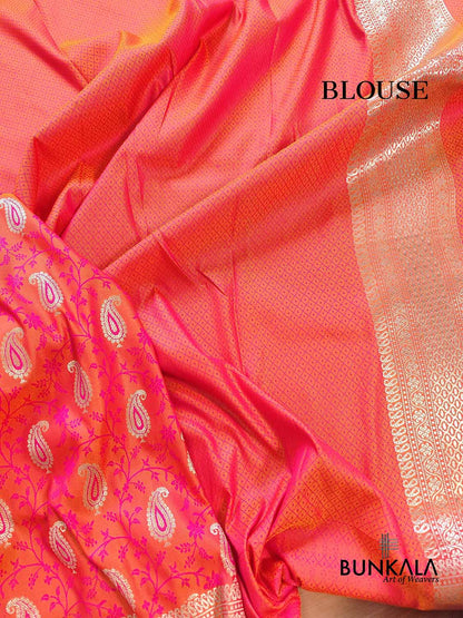 Pink Orange Double Shaded Soft Mashru Silk Jamewar Weaved Allover Paisley Buti Design Banarasi Saree