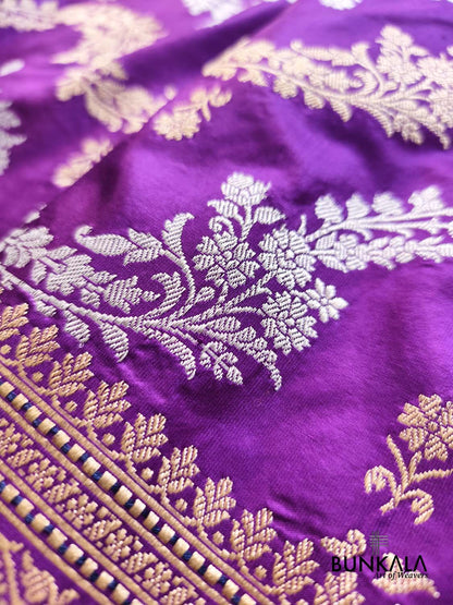 Purple Leheriya Sona Rupa Zari Paisley Pallu Kadwa Handweaved Banarasi Pure Katan Silk Saree