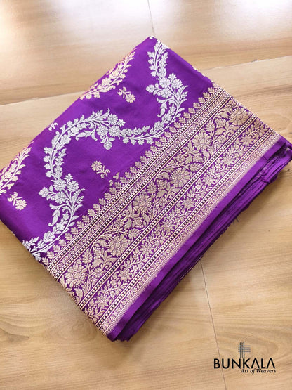 Purple Leheriya Sona Rupa Zari Paisley Pallu Kadwa Handweaved Banarasi Pure Katan Silk Saree
