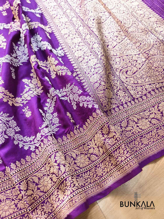 Purple Leheriya Sona Rupa Zari Paisley Pallu Kadwa Handweaved Banarasi Pure Katan Silk Saree
