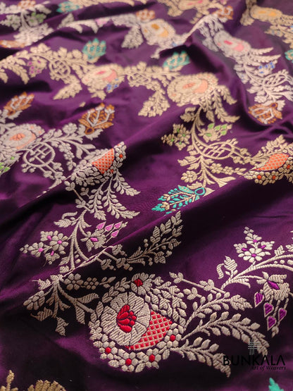 Purple Kadwa Handweaved Pure Katan Silk Meenakari Banarasi Saree