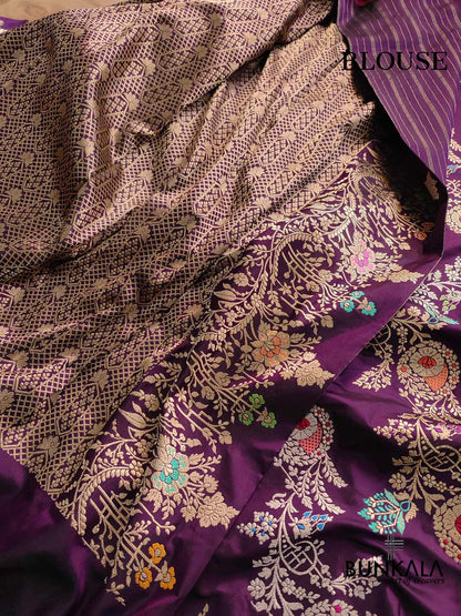 Purple Kadwa Handweaved Pure Katan Silk Meenakari Banarasi Saree