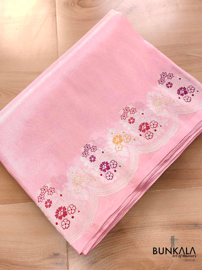 Pink Handloom Pure Tissue Katan Silk Scalloped Meenakari Border Banarasi Saree