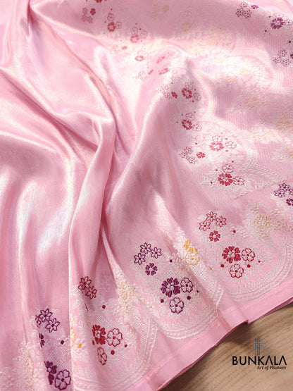 Pink Handloom Pure Tissue Katan Silk Scalloped Meenakari Border Banarasi Saree