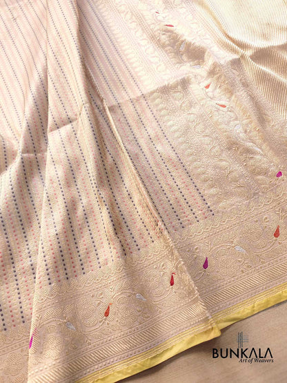 Beige Pure Katan Silk Meenakari Geometrical Design Resham Tanchui Body Handloom Banarasi Saree