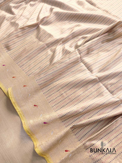 Beige Pure Katan Silk Meenakari Geometrical Design Resham Tanchui Body Handloom Banarasi Saree