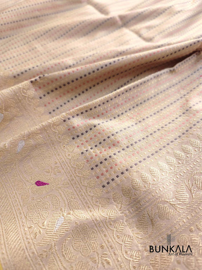 Beige Pure Katan Silk Meenakari Geometrical Design Resham Tanchui Body Handloom Banarasi Saree