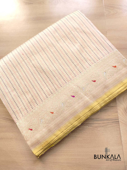 Beige Pure Katan Silk Meenakari Geometrical Design Resham Tanchui Body Handloom Banarasi Saree