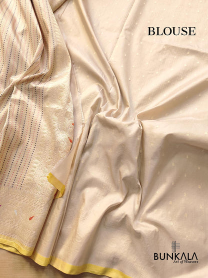 Beige Pure Katan Silk Meenakari Geometrical Design Resham Tanchui Body Handloom Banarasi Saree