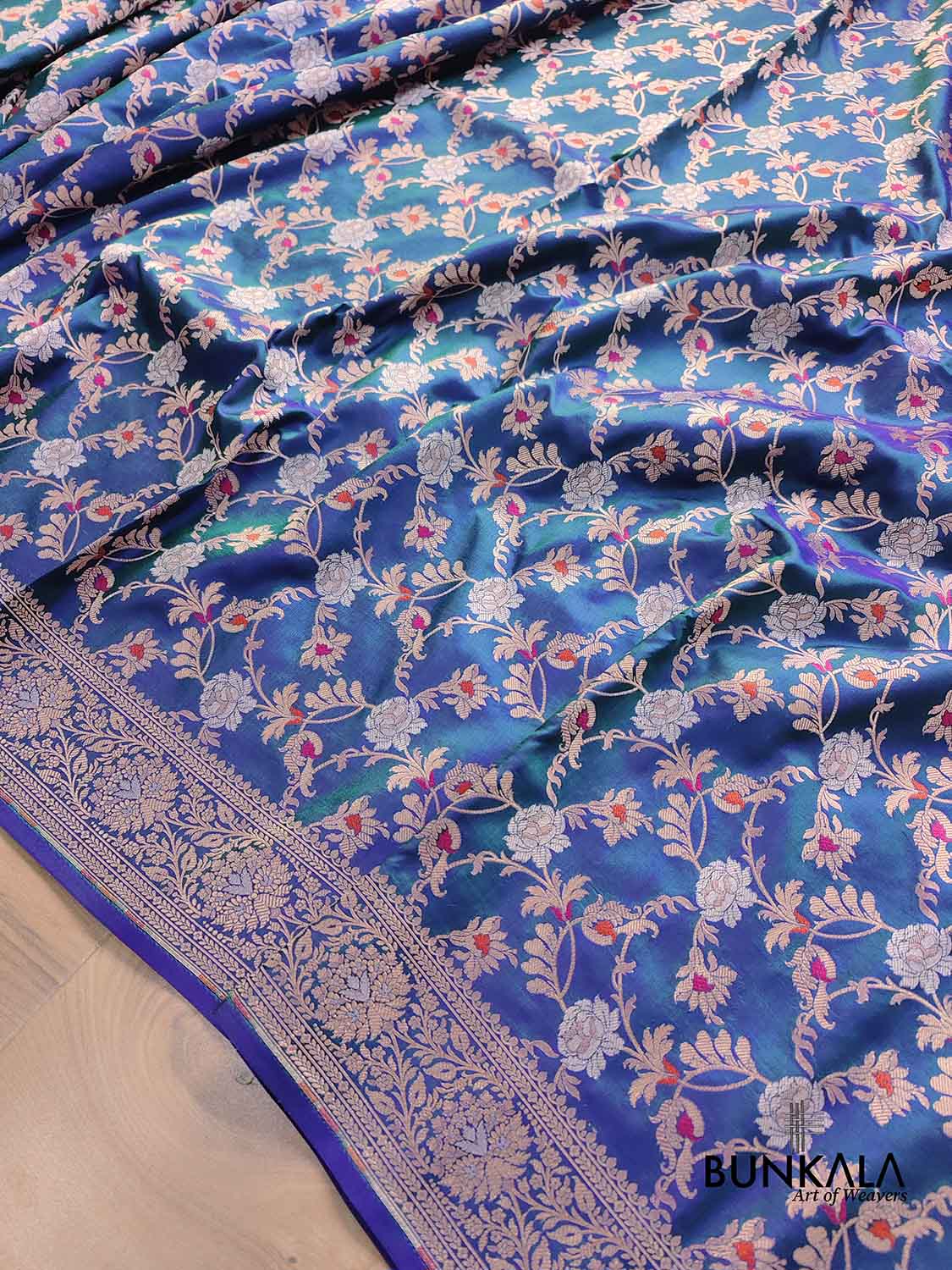 Blue and Green Two Tone Pure Katan Silk Sona Rupa Floral Jaal Design Meenakari Handwoven Banarasi Saree