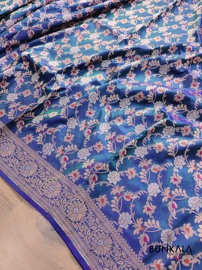 Blue and Green Two Tone Pure Katan Silk Sona Rupa Floral Jaal Design Meenakari Handwoven Banarasi Saree