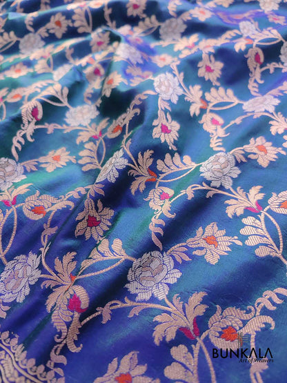 Blue and Green Two Tone Pure Katan Silk Sona Rupa Floral Jaal Design Meenakari Handwoven Banarasi Saree