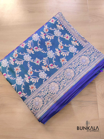 Blue and Green Two Tone Pure Katan Silk Sona Rupa Floral Jaal Design Meenakari Handwoven Banarasi Saree