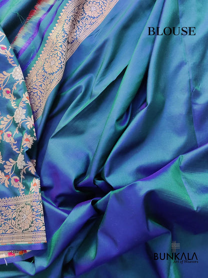 Blue and Green Two Tone Pure Katan Silk Sona Rupa Floral Jaal Design Meenakari Handwoven Banarasi Saree