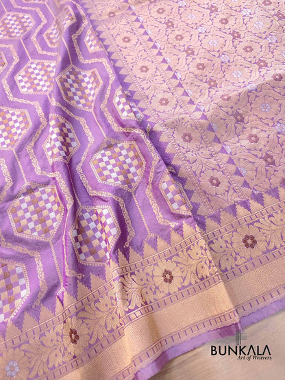 Lavender Pure Katan Silk Geometrical Design Gold and Silver Antique Zari Handwoven Banarasi Saree