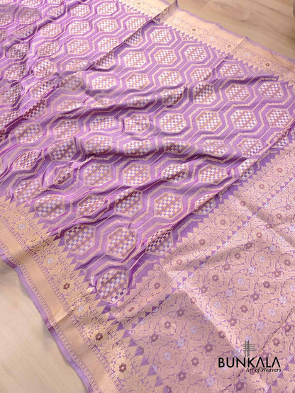 Lavender Pure Katan Silk Geometrical Design Gold and Silver Antique Zari Handwoven Banarasi Saree