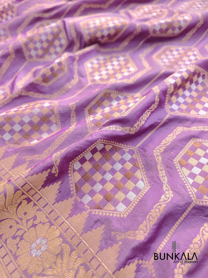 Lavender Pure Katan Silk Geometrical Design Gold and Silver Antique Zari Handwoven Banarasi Saree