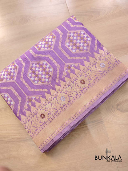 Lavender Pure Katan Silk Geometrical Design Gold and Silver Antique Zari Handwoven Banarasi Saree